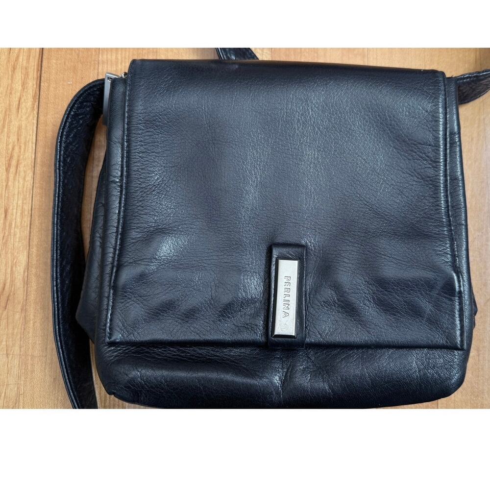 Vintage Perlina Black Leather Crossbody Bag, Y2K Minimalist Style